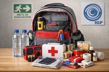 Mochila abierta con linterna, radio, botellas de agua, botiquín, latas, silbato, pilas, documentos. Al fondo, cartel de evacuación y logo IGP.