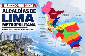 Gráfico con un mapa coloreado de los distritos de Lima Metropolitana, el texto Elecciones 2026 y una foto de la costa