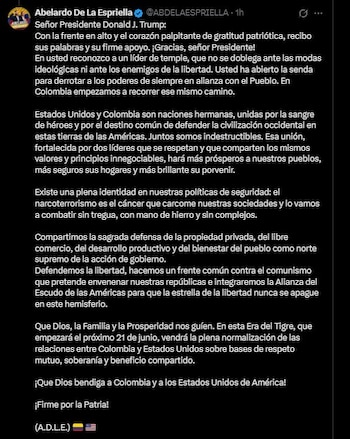 En su respuesta a Donald Trump, Abelardo De la Espriella aseguró que sus políticas de seguridad están “plenamente alineadas” y defendió una mayor cooperación entre Colombia y Estados Unidos - crédito Abelardo de la Espriella/X