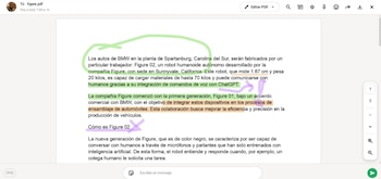 Captura de pantalla de una página web con un documento PDF que contiene texto sobre robots, con secciones resaltadas en color verde y púrpura