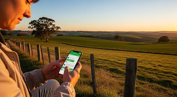 Primer plano de una persona mirando un smartphone con la aplicación WhatsApp en pantalla, con un paisaje rural de colinas verdes y árboles al fondo durante el atardecer.