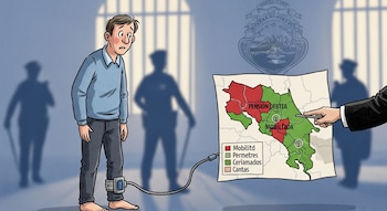 Hombre con tobillera electrónica en tobillo, mira un mapa de Costa Rica con zonas marcadas y texto "Pensión Deuda", mano señala, escudo nacional, siluetas de policías.