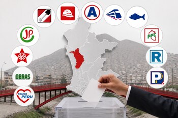 Un mapa de Lima con el distrito de Puente Piedra resaltado en rojo, rodeado por doce símbolos partidarios y una mano depositando un voto.