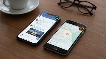 Dos teléfonos inteligentes, uno mostrando Facebook con un punto verde en la esquina y otro con Google Maps y un punto naranja, sobre una mesa de madera.