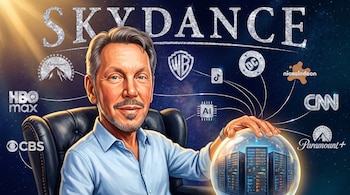 Ilustración de Larry Ellison sentado junto a una esfera con servidores informáticos, bajo el texto SKYDANCE y varios logotipos de medios.