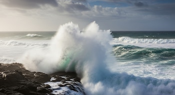 Una gran ola rompe contra las rocas costeras, levantando espuma blanca y salpicaduras. El océano agitado se extiende bajo un cielo nublado, con más olas en la distancia.