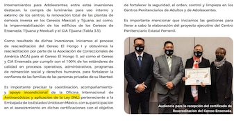 En el primer informe de gobierno, la administración señala que la asesoría de la Oficina Internacional de Antinarcóticos y Aplicación de la Ley fue clave para validar centros como el Cereso El Hongo II y el Cereso y CIA Ensenada. (Primer Informe de Marina del Pilar)