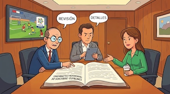 Tres personas sentadas en una mesa de reuniones con un libro abierto y una tableta. Una pantalla de televisión muestra un partido de fútbol y el logo de Dimayor.