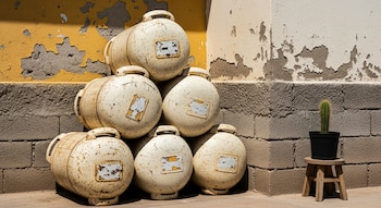 Siete tanques de gas LP desgastados apilados contra una pared de concreto con pintura descascarada amarilla y blanca. Un cactus en maceta sobre un taburete de madera.