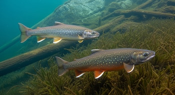 Dos salvelinos árticos nadan en aguas claras sobre un lecho rocoso con troncos y vegetación acuática de tallos verdes y largos.