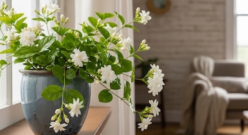 Un jazmín chino en floración, con abundantes flores blancas y hojas verdes exuberantes, se presenta en una maceta de cerámica azul junto a una ventana.