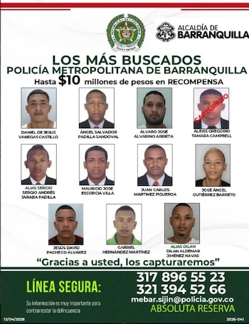 La Alcaldía de Barranquilla ofrece una recompensa de hasta $10 millones por información sobre los delincuentes buscados - crédito Policía