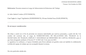 Texto en hoja blanca con encabezado de la Ciudad de Buenos Aires y un comunicado de renuncia dirigido a Julio Gabriel Cordero