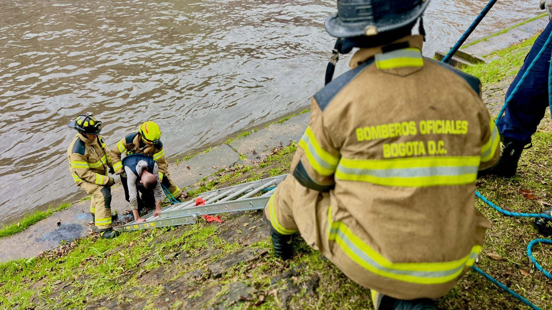 Los uniformados se encargaron de sacar a las personas del agua y trasladarlas a un centro asistencial - crédito @BomberosBogota / X