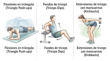 Ilustración de tres ejercicios de tríceps: un hombre haciendo flexiones en triángulo, otro fondos de tríceps en un banco, y una mujer extensiones con mancuerna.
