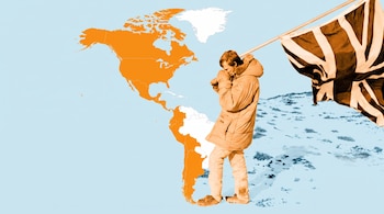 Un mapa de América con varios países resaltados en naranja y un hombre en la nieve sosteniendo la bandera del Reino Unido.