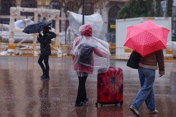 Personas caminan ante ninots tapados