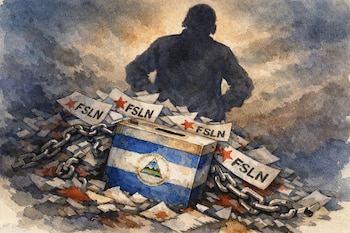 Una urna electoral de Nicaragua con su bandera, rodeada de papeles con el logo FSLN y cadenas rotas. La sombra de Daniel Ortega se proyecta sobre la urna.