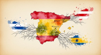 Mapa de España en acuarela con raíces de tinta negra. Conecta a banderas de Honduras, Ecuador y otra de franjas rojas y blancas. Incluye Marid, Barcelona, Zaragoza, Valencia.