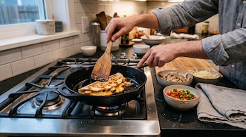 Persona que cocina una quesadilla en una sartén de hierro con espátula de madera junto a cuencos con pollo, queso y pimientos.