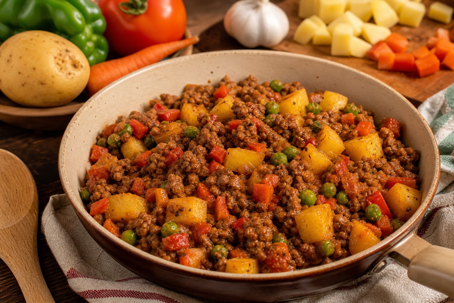 Un guiso de picadillo preparado con carne molida, papas y zanahorias reposa en una sartén junto a sus ingredientes frescos. (Imagen Ilustrativa Infobae)