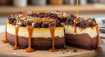 Pastel Brownie Cheesecake de tres capas con migas de brownie, salsa de caramelo y cristales de sal. Una porción está cortada en una tabla de madera.