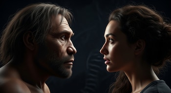 Primer plano de un hombre Neandertal de perfil izquierdo mirando a una mujer Homo sapiens de perfil derecho, ambos con rasgos prehistóricos en un fondo oscuro.