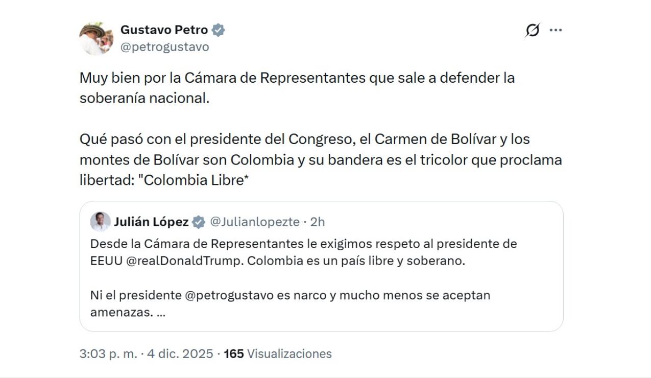 Gustavo Petro agradeció el respaldo de la Cámara de Representantes y aprovechó para criticar la falta de apoyo del presidente del Senado, Lidio García - crédito @petrogustavo/X