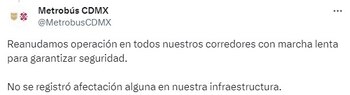 El Metrobús de la Ciudad de México reactiva actividades tras el sismo de este 12 de diciembre.