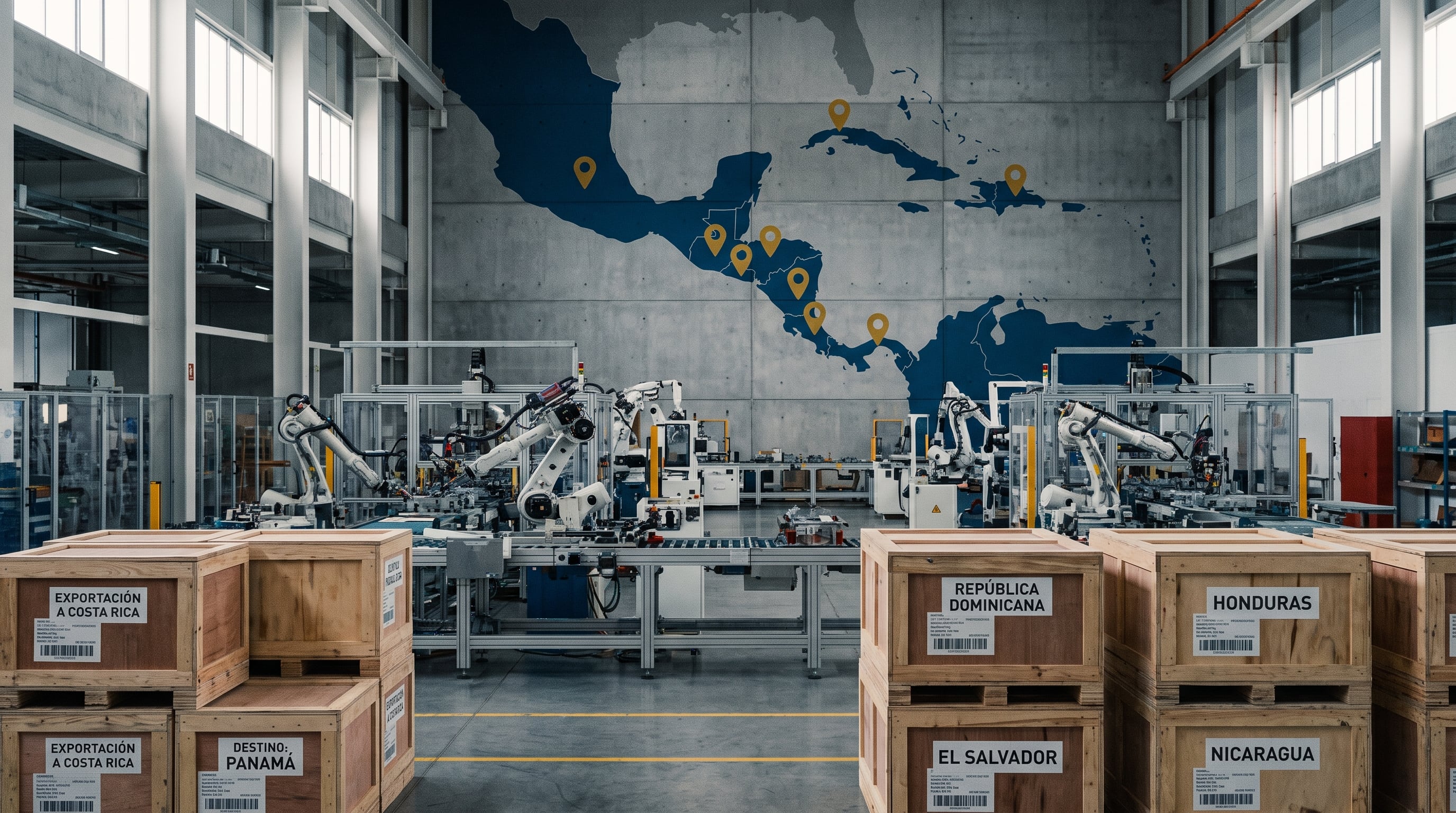 Cajas de exportación con destinos como Costa Rica, Panamá y República Dominicana se apilan en una moderna nave industrial, donde líneas de ensamblaje automatizadas operan frente a un mapa de Centroamérica y el Caribe. (Imagen Ilustrativa Infobae)