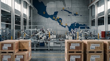 Nave industrial con líneas de ensamblaje robóticas, cajas de madera apiladas con etiquetas de exportación y un mapa de Centroamérica en la pared.