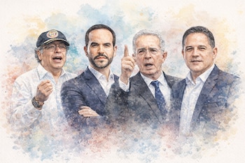 Ilustración estilo acuarela de cuatro hombres. De izquierda a derecha: Gustavo Petro con gorra, Abelardo de la Espriella, Álvaro Uribe señalando y Honorio Henríquez.