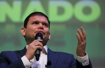 Colombian right-wing presidential candidate John Milton Rodriguez, of the Colombia Justa Libres (Free Fair Colombia) party, speaks during a presidential debate at the Externado University in Bogota, Colombia March 29, 2022. REUTERS/Luisa Gonzalez