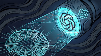 Una linterna con el logotipo de OpenAI proyecta un haz de luz sobre la figura de un cerebro compuesto por texto de código.
