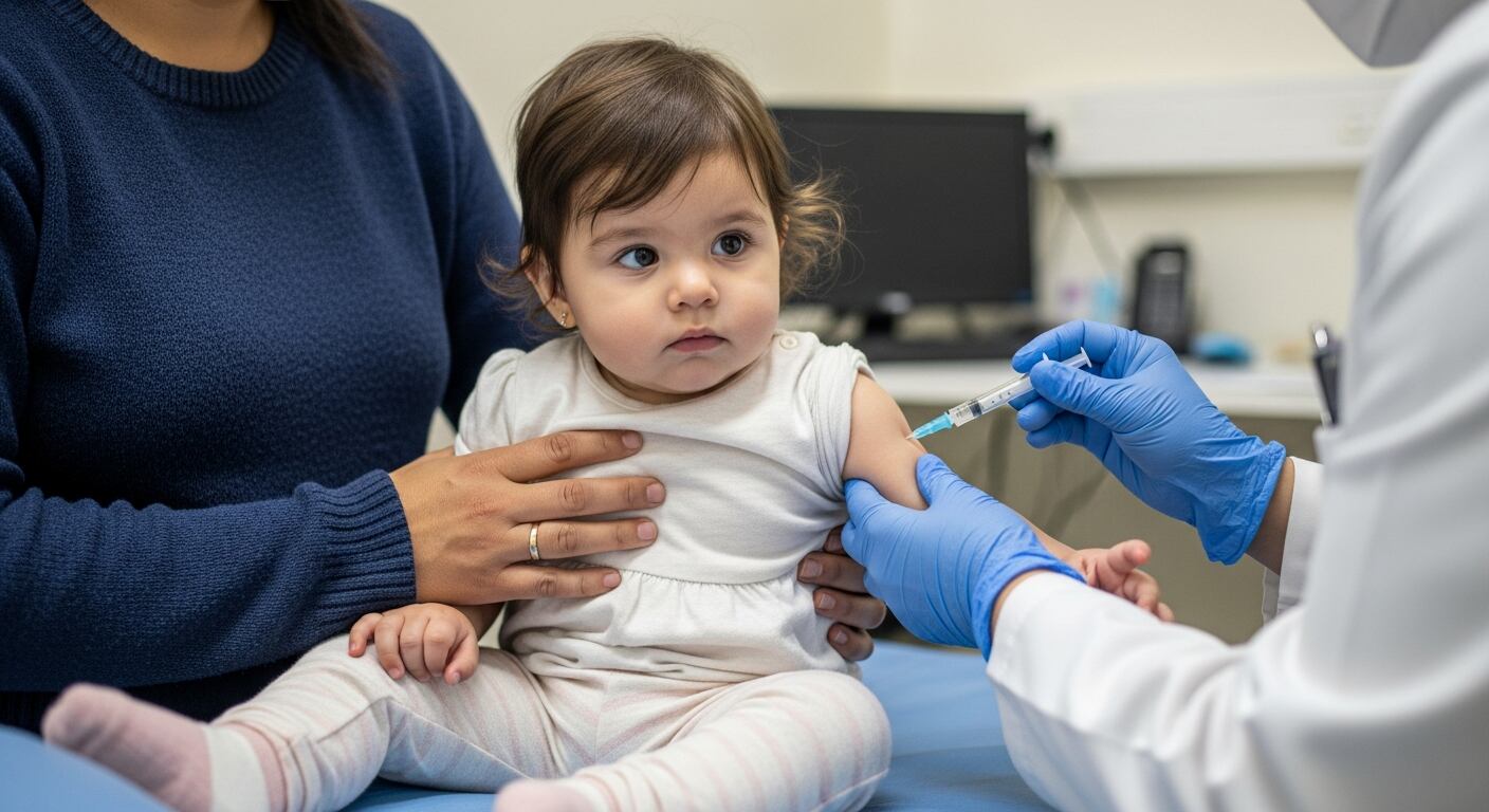 Una bebé recibe una vacuna en el brazo mientras es sostenida por su madre en una consulta médica. Un profesional de la salud, con guantes y bata blanca, administra la inyección en un entorno clínico, resaltando la importancia de la inmunización temprana para la protección de la salud infantil. (Imagen Ilustrativa Infobae)