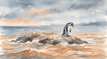 Pintura en acuarela de un pingüino de Humboldt parado en una roca en el mar, con olas alrededor y un cielo nublado al atardecer.