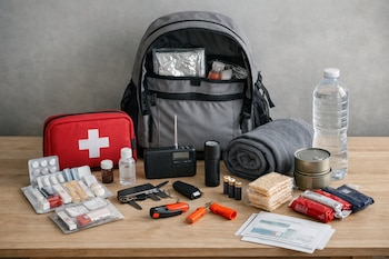 Una mochila de emergencia abierta, botiquín, medicamentos, radio, linterna, navaja, silbato, encendedor, pilas, frazada, latas de comida, galletas, agua y documentos.