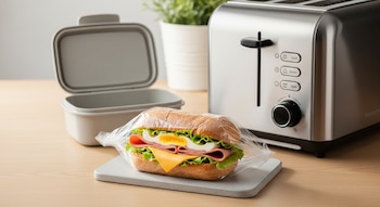 Sándwich de jamón, queso, huevo y lechuga en papel film sobre tabla gris, recipiente abierto, tostadora plateada, planta en maceta, mesada de madera.
