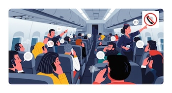 Vista interior de una cabina de avión con muchos pasajeros sentados y hablando por teléfono; una auxiliar de vuelo señala un cartel de teléfono móvil tachado.