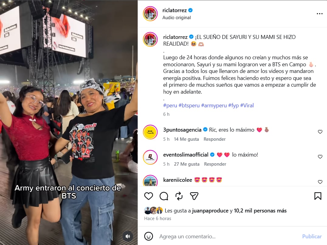 Una joven huancaína y su madre celebran su asistencia al concierto de BTS en Lima tras recibir entradas del creador de contenido Ric La Torre.