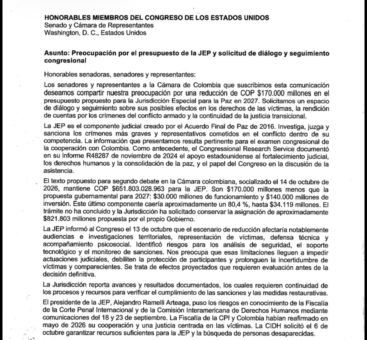 Los representantes de la Cámara alertaron al Congreso de Estados Unidos por los recortes a la JEP para 2027 - crédito @UltimaHoraCR/X