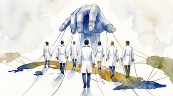 Ilustración en acuarela de siete personas con batas blancas sobre un mapa de Cuba, sujetas por cuerdas dirigidas a una gran mano azul.