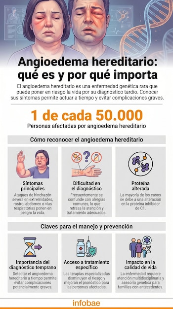 Infografía sobre Angioedema Hereditario con ilustraciones de pacientes con hinchazón, una hélice de ADN y secciones de texto informativo.