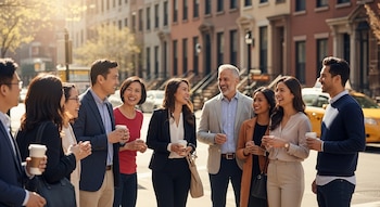 Ocho profesionales asiáticos e hispanos conversan y ríen, sosteniendo tazas de café. Están en una calle soleada de Nueva York con edificios y un taxi amarillo.