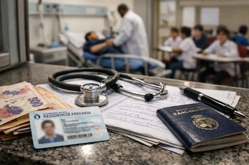 Billetes de 500 pesos argentinos, tarjeta de residencia precaria, estetoscopio, pasaporte y pluma sobre una superficie, con un hospital y un aula desenfocados al fondo.