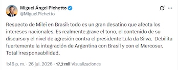 Captura de pantalla de una publicación de Miguel Ángel Pichetto en X, con su foto de perfil, texto de crítica a Milei en Brasil, y la fecha 26 de julio de 2026