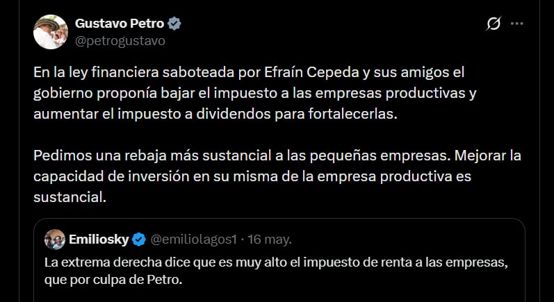 Gustavo Petro aseguró que en la propuesta solicitaron una rebaja sustancial en los impuestos a las pequeñas empresas con el propósito de mejorar la capacidad de inversión en el sector - crédito @petrogustavo/X
