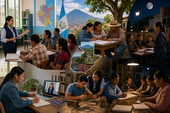 Collage de personas adultas estudiando en aulas, al aire libre, de noche y por computadora alrededor del mapa de Guatemala.