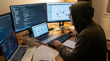 Un hombre con capucha y gafas trabaja en un escritorio con cuatro pantallas, dos portátiles, un teclado, un ratón, tazas de café y cuadernos con diagramas.