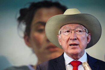 U.S. Ambassador to Mexico Ken Salazar holds a press conference in Mexico City, Mexico November 26, 2024. REUTERS/Toya Sarno Jordan